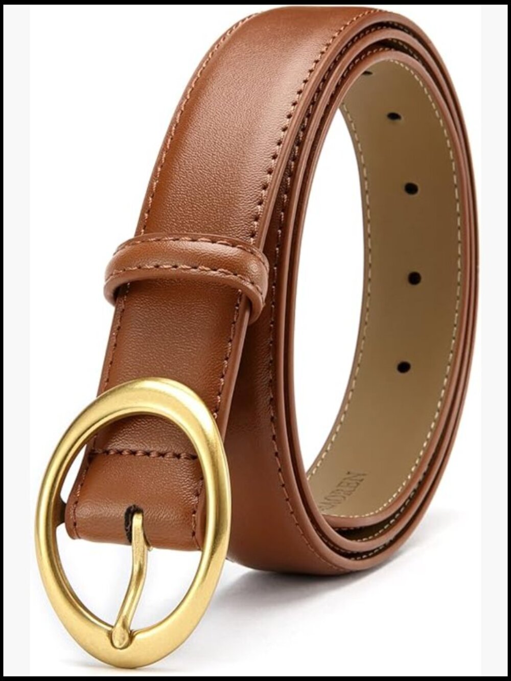 Women's Leather Belt with Gold Oval Buckle for Jeans Pants